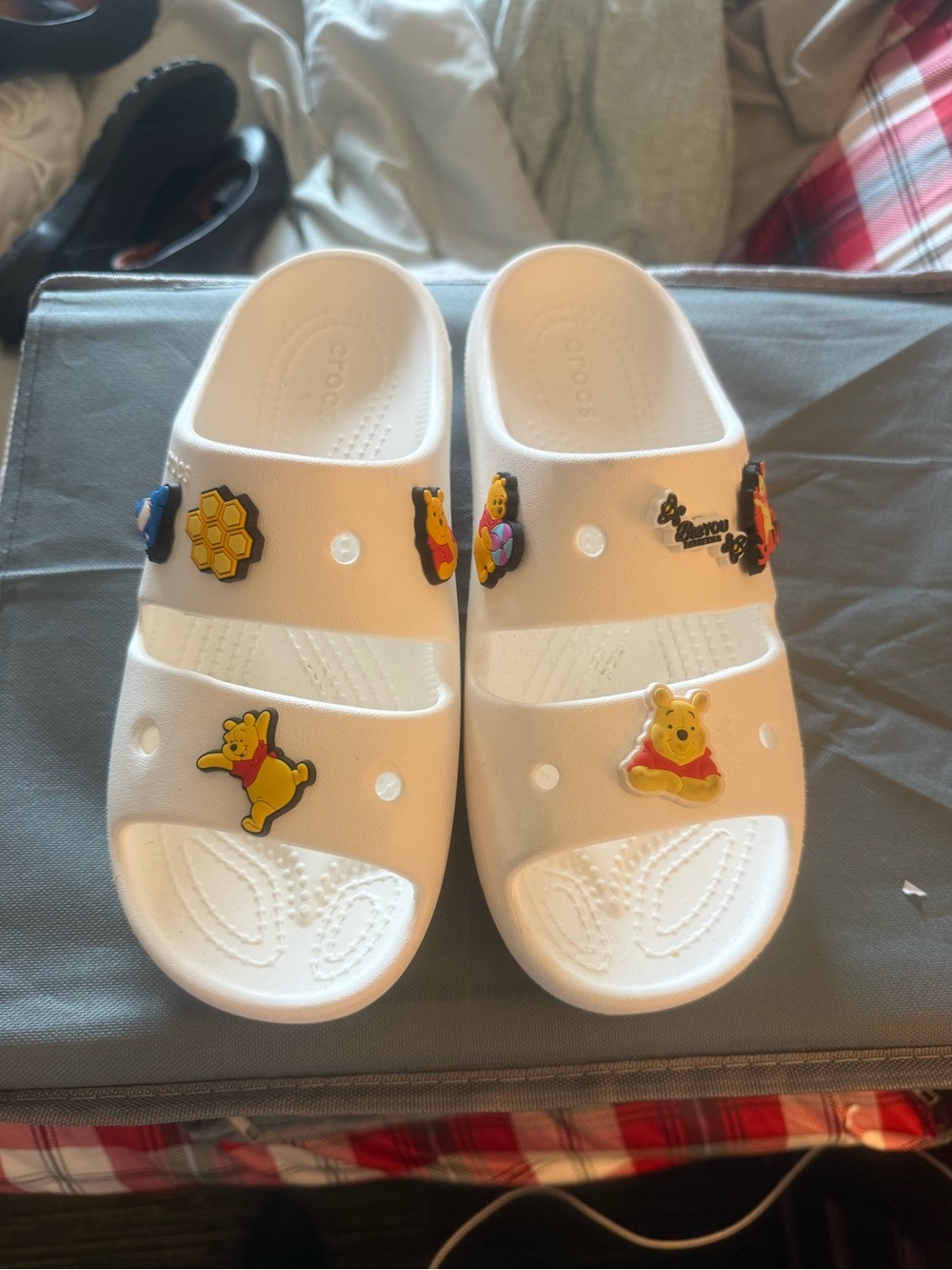 White Crocs  Womans Slide Sandals with Winnie the Pooh Charms